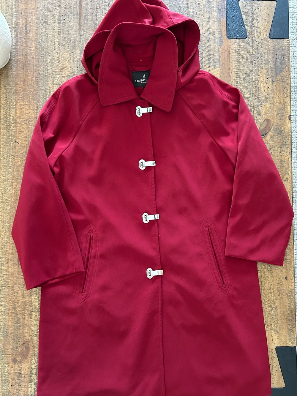 London Fog Hooded Toggle raincoat Trench Coat metal clasp